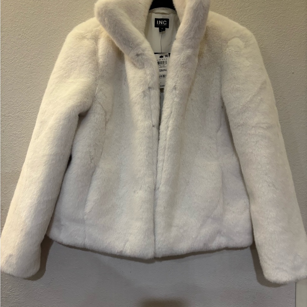 INC International Concepts Women's White Faux Fur Jacket